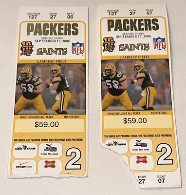 Packers Saints Lambeau Field Favre x (3) Brees x (2) TDs NFL Ticket Stub 9/17/06 - Image 1 of 2