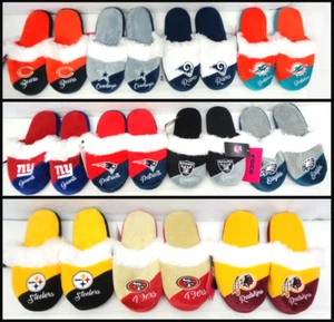 NFL Women's Colorblock Script Big Logo Fur Slippers House Shoes by FoCo F8 - Picture 1 of 40