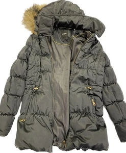 Bebe Charcoal Winter Puffer Coat Hooded Faux Fur Hood *BROKEN ZIPPER Medium - Picture 1 of 10