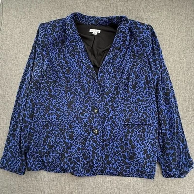 Chaqueta Blazer Joan Rivers Leopardo XL Azul Negro Hombreras Cuello en V Botones Foto 1 de 4