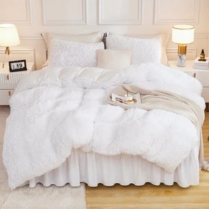 Faux Fur White Comforter Queen Size, 3 Pieces Fluffy Fuzzy Plush Bedding Comf... - Picture 1 of 8