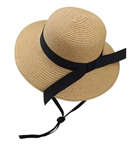 Girls Wide-Brim Straw Sun-Hat for Summer Beach with Bow - Picture 1 of 7