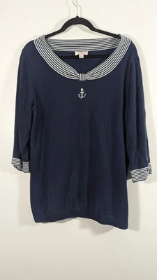 Suéter Náutico Quacker Factory Azul Marino Ancla Top L Rayas Marinero Manga 3/4 Foto 1 de 4