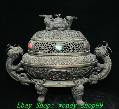 15.7" Old Chinese Dynasty Copper Turquoise Dragon Beast Incense Burner Censer - Image 1 of 4