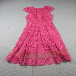 Review Womens A-Line Dress 14(AU) Large Pink Lace Cap Sleeve Pleated Fit & Flare - Picture 1 of 9