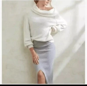 Free People Small Ivory Echo Beach Knit Fold Over Turtleneck Cowl Soft Sweater - Picture 1 of 7