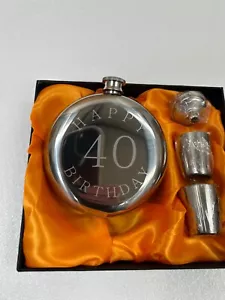 40th Birthday Round Steel Hip Flask Happy 40th Birthday 2 Shot And Funnel - Picture 1 of 5