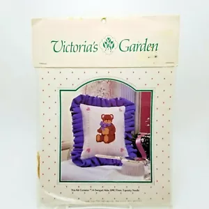 Counted Cross Stitch Kit Teddy Bear Pillow Sampler Victorias Garden Vintage - Picture 1 of 4