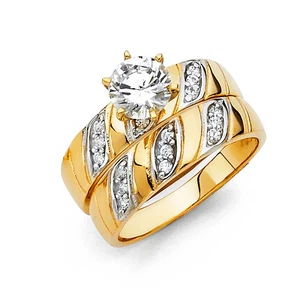 Gold 14K Two Tone Gold Cubic Zirconia Engagement Ring and Wedding Band Set - Picture 1 of 4
