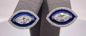 14K White Gold Marquise Diamond & Blue Enamel Evil Eye Stud Earrings 1.17 ct - Picture 1 of 7