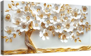 Grande Stampa Su Tela Con Cornice Bianco Oro Floreale Pittura Albero Della Vita - Foto 1 di 12