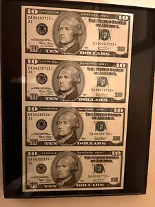 2003 $10 Bill FRN uncut sheet of 4 star notes. Gem CU. GLASS FRAME INCLUDED! - Picture 1 of 1