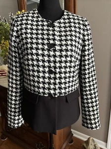 Talbots Blazer Jacket 8 M Houndstooth Button Black Career Tweed Excellent - Picture 1 of 8