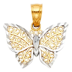 14k Yellow White Gold Butterfly Diamond Cut Birthday Small Tiny Charm Pendant - Picture 1 of 1