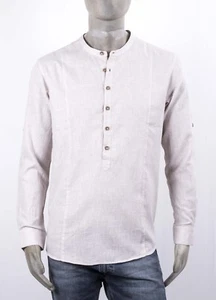CAMICIA CASACCA MANIFATTURA ITALIANA IN LINO FINTA A 6 BOTTONI BEIGE MICRO FAN - Foto 1 di 4