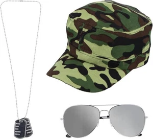 Army Man Fancy Dress Costume Camouflage Hat Dog Tag Glasses Soldier - Picture 1 of 5