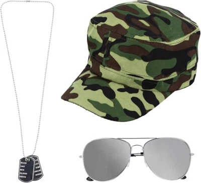 Disfraz de hombre del ejército disfraz camuflaje sombrero etiqueta de perro gafas soldado Foto 1 de 4