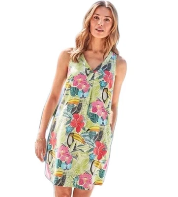 Tommy Bahama Dress 100% Silk L Toucan Floral Tropical Midi Hawaiian Resort Wear - Image 1 of 4