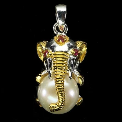 Ciondolo in argento sterling 925 rotondo rubino perle Myanmar elefante... - Immagine 1 di 4