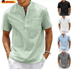 Baumwolle Leinen Hemd Männer Henley Neck Tasche Casual Strand Kurzarm Einfarbig - Bild 1 von 23