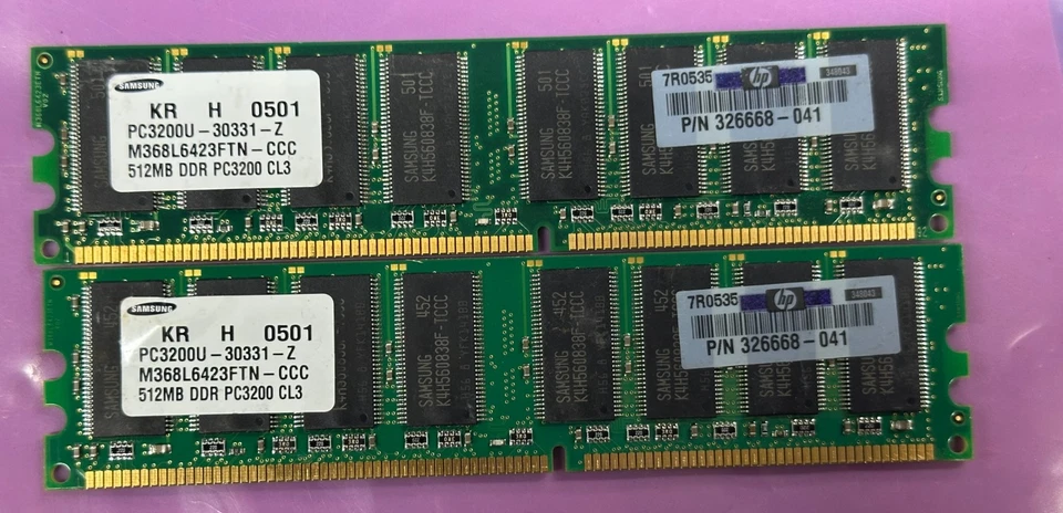 1GB 2x512MB PC-3200 SAMSUNG M368L6423FTN-CCC DDR MEMORY PC3200 HP 326668-041 - Image 1 of 2