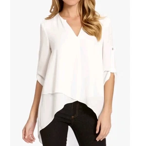 Neu mit Etikett Dora Landa Damen Bluse Oberteil Small 100 % Seide V-Ausschnitt 3/4-Ärmel elfenbeinfarben Lagenlook - Bild 1 von 5