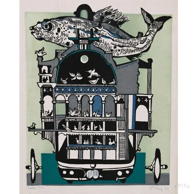 WOLFGANG JÖRG FARBLINOLSCHNITT SCHIFF SARAH KIRSCH BERLINER HANDPRESSE VP: 150€* - Bild 1 von 4