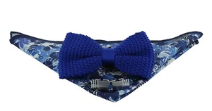 Royal Blue Knitted Bow Tie, Blue Tropical Pocket Square & Cufflink Gift Set - Picture 1 of 8