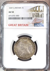 1849 GREAT BRITAIN SILVER FLORIN 2 SHILLINGS GOTHIC QUEEN VICTORIA NGC AU 58 - Picture 1 of 3