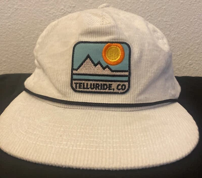 De colección Años 80/90 Telluride Colorado Pana Blanco Sombrero Esquí Lodge Correa Cuerda Trasera Foto 1 de 4