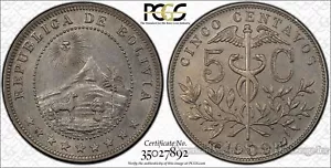 Bolivien 5 Centavos 1909 (a) MS64 PCGS KM#173.3 Paris neuwertig SELTEN SCHLÜSSELDATUM Pop 1/0 - Bild 1 von 8