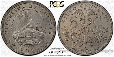 Bolivia 5 Centavos 1909 (a) MS64 PCGS KM#173.3 Paris Mint RARE KEY DATE Pop 1/0 - Image 1 of 4