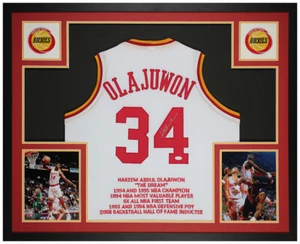 Hakeem Olajuwon Autographed & Framed White Rockets Stat Jersey Auto JSA COA - Picture 1 of 4