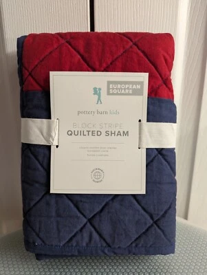 POTTERY BARN KIDS BLOCK STRIPES QUILTED EURO SHAM  ~ NAVY/RED/BLUE - Image 1 of 4