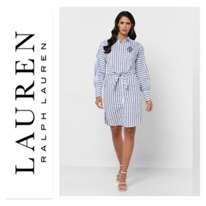 NWT! Lauren Ralph Lauren Monogram Blue White Stripe Long Sleeve Tie Dress Size 2 - Picture 1 of 16