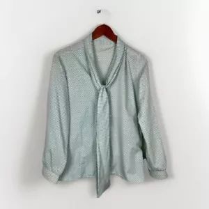 Vintage Women’s Retro Secretary Pussy Bow Blouse Ivory Blue Size 12 - Picture 1 of 5