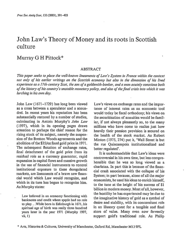 John Law's Theory of Money & its roots in Scottish Culture - Image 1 of 1