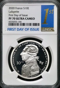 2020 France Lafayette Proof Silver 10€ Ten Euro NGC PF 70 Ultra Cameo FDOI BS283 - Picture 1 of 2