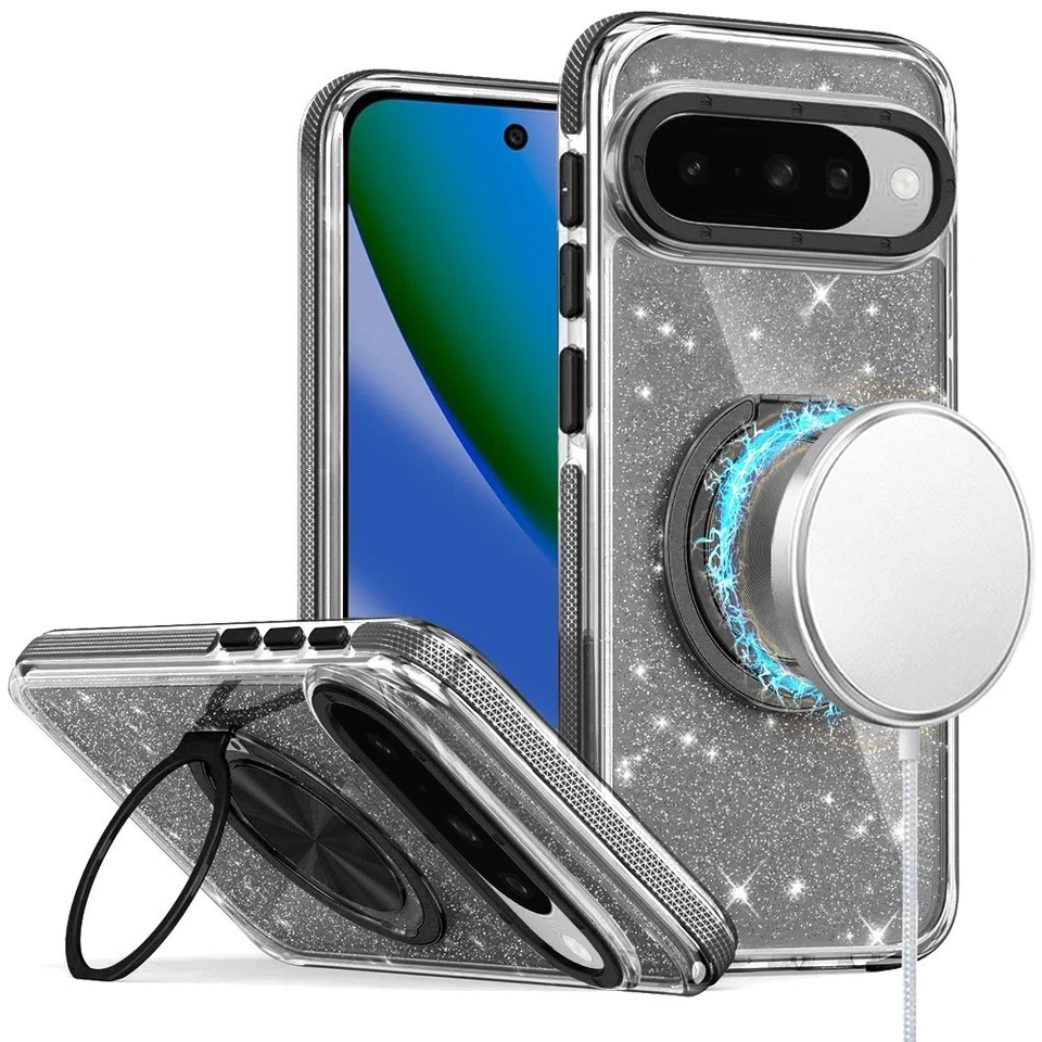 For Google Pixel 10/10 Pro Case Magnetic Circle Stand Glitter + Tempered Glass - Image 1 of 1