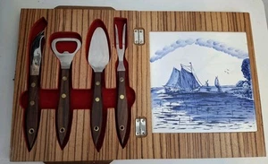 Vintage Wooden Cheese Board Sailboat Theme Utensil Set 8.5" X 7" - Picture 1 of 7