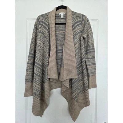 Cárdigan suéter para mujer KENAR gris beige Fair Isle drapeado en cascada talla M Foto 1 de 4