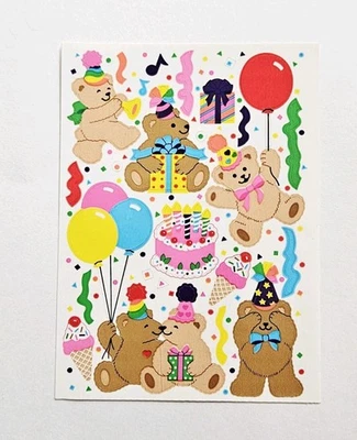 Vtg Sandylion Sticker Bears Birthday Party Kromekote VHTF balloons gifts cake - Image 1 of 3