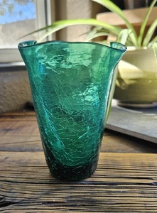 Vintage 1960er Blenko grün Crackle Glas eingeklemmt Doppel Auslauf Vase 4,5" - Bild 1 von 6