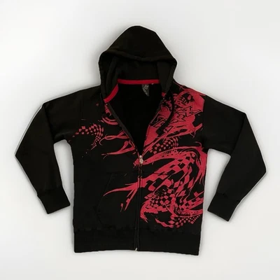 Moletom com capuz vintage Y2K preto e vermelho grunge corrida raposa hip hop rap com zíper grande RARO - Imagem 1 de 4