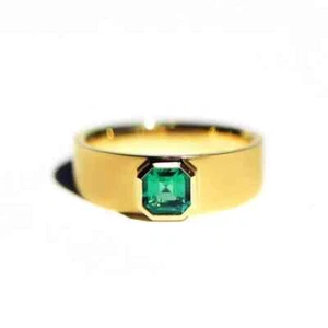 1Ct Asscher Cut Natural Green Emerald Men's Engagement Ring in 14K Yellow Gold - Picture 1 of 13
