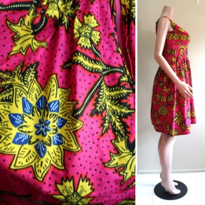 Handmade Kleid M Ankara Wachs Baumwolle Afrikanisch Fuchsia Gelb Rücken Reißverschluss Ärmellos - Bild 1 von 8