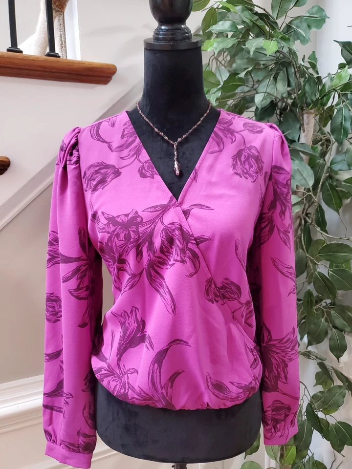 a Day Womens Floral Print Puff Long Sleeve Wrap Top Small Purple