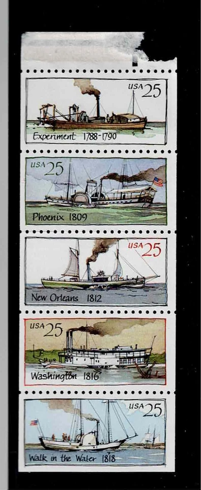 US Scott #2405-09, Booklet Pane 1989 Steamboats 25c FVF MNH - Image 1 of 1