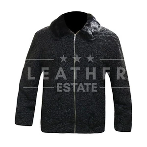Abrigo con cremallera estilo bombardero cuello de piel de cordero persa negro negro de piel de visón real para hombre - Imagen 1 de 6