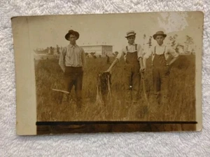 Antique RPPC Photo Postcard 3 Men Hard Working In Field. Overalls. - Picture 1 of 4